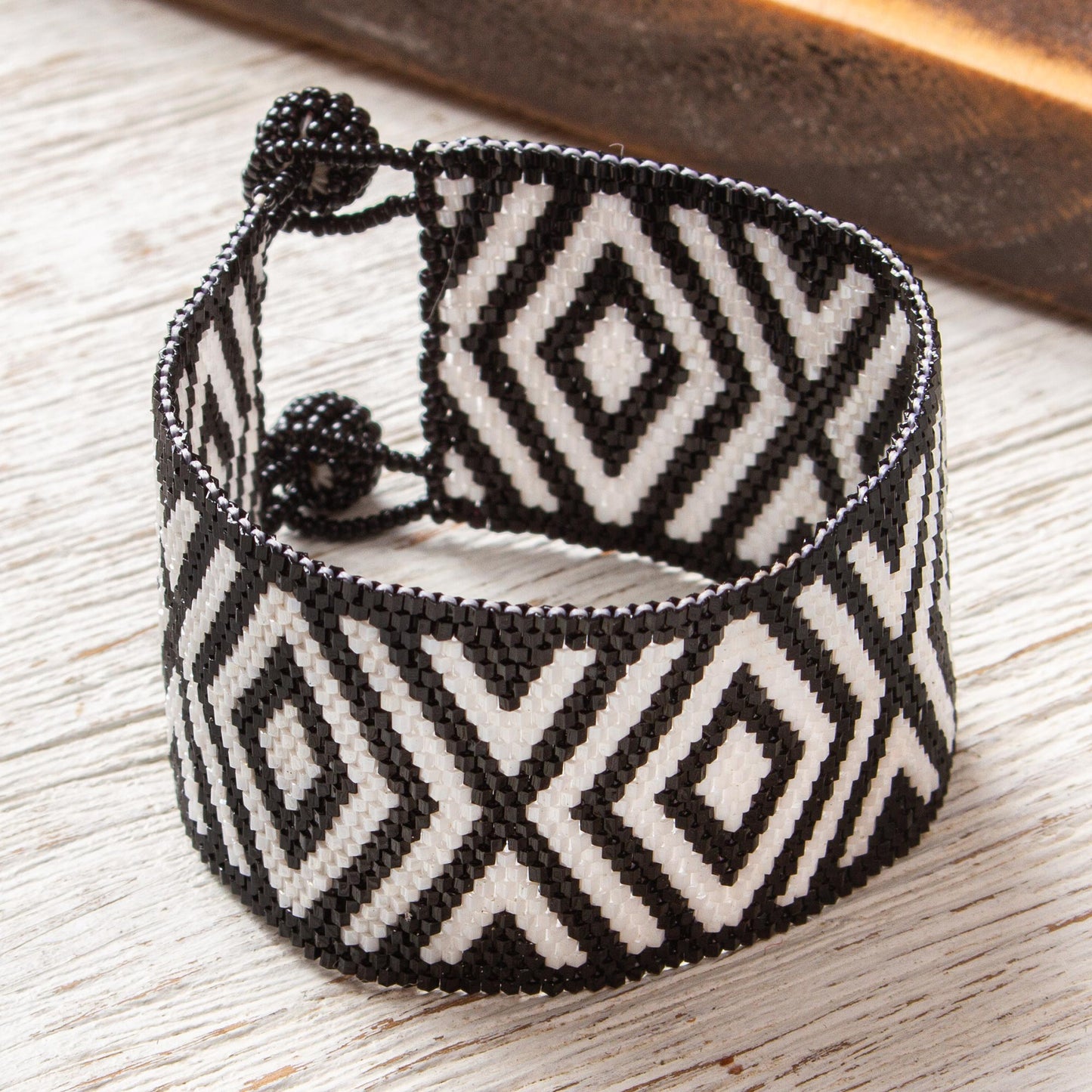 Black and White Diamonds Huichol Handmade Black and White Beadwork Bracelet