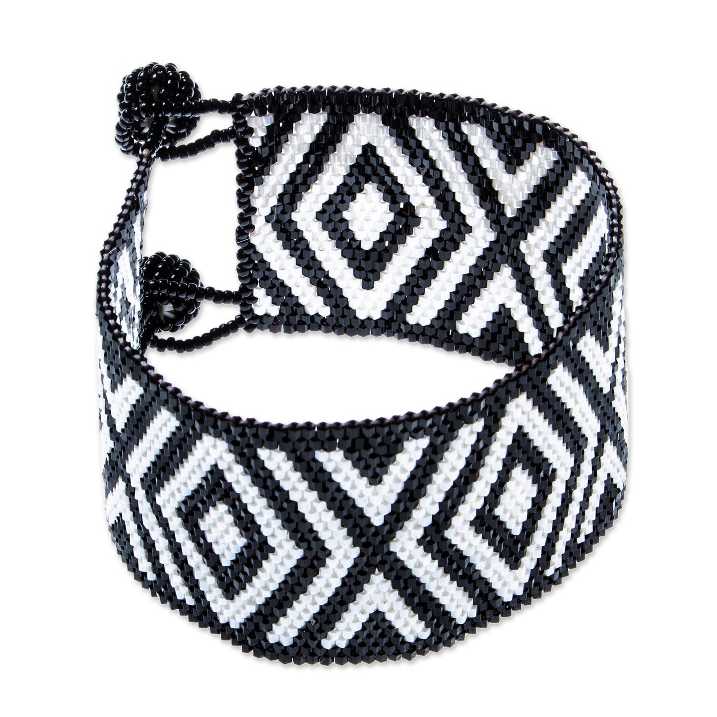 Black and White Diamonds Huichol Handmade Black and White Beadwork Bracelet