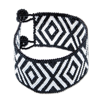 Black and White Diamonds Huichol Handmade Black and White Beadwork Bracelet
