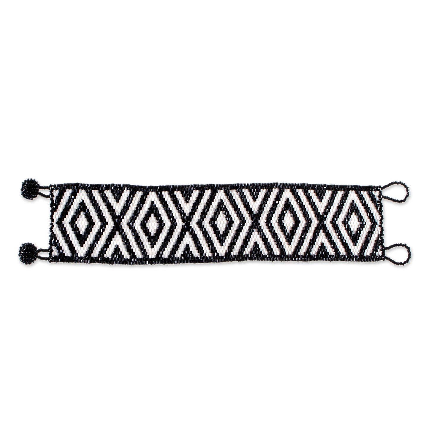 Black and White Diamonds Huichol Handmade Black and White Beadwork Bracelet