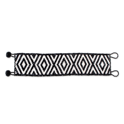 Black and White Diamonds Huichol Handmade Black and White Beadwork Bracelet