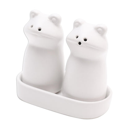 Fanciful Frogs in White Matte White Ceramic Frog Salt and Pepper Shakers with Tray