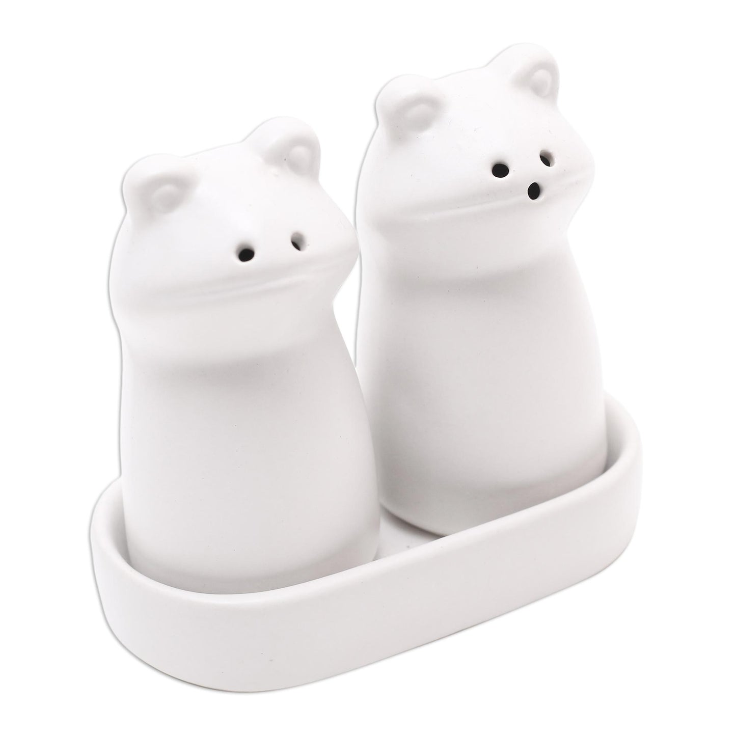 Fanciful Frogs in White Matte White Ceramic Frog Salt and Pepper Shakers with Tray