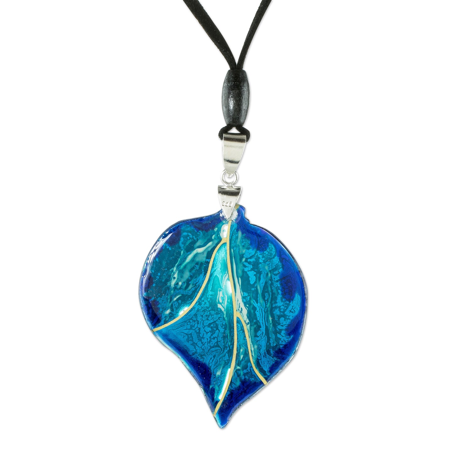 Blue Leaf Unique Fused Glass Leaf Necklace