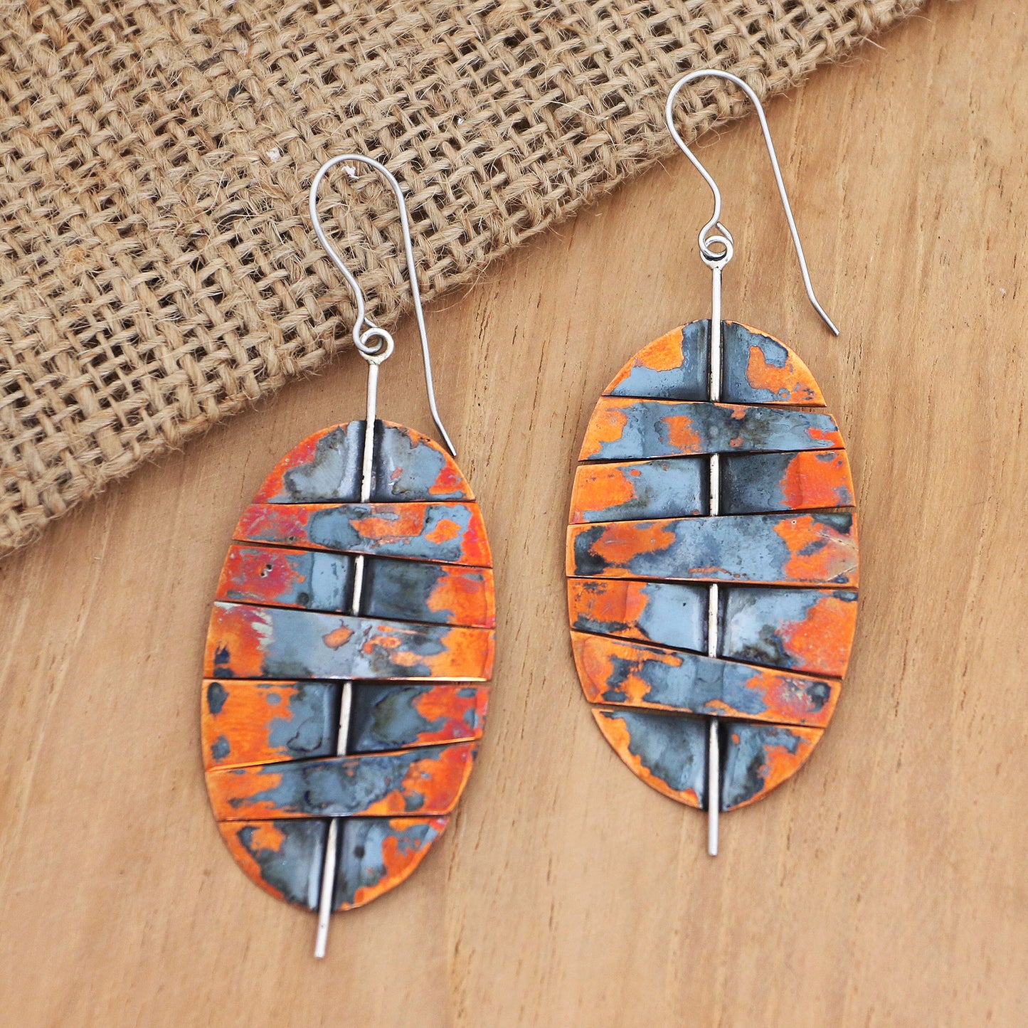 Oval Stitches Balinese Copper and Stainless Steel Dangle Earrings