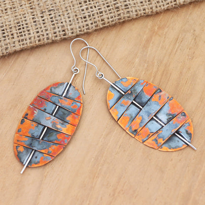 Oval Stitches Balinese Copper and Stainless Steel Dangle Earrings