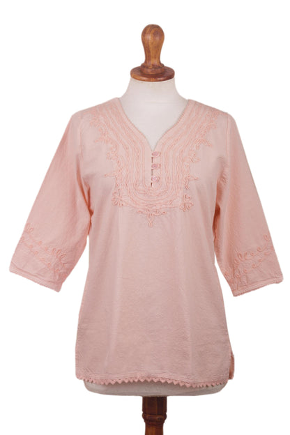 Sunset in Lima Pale Melon Orange Embroidered Cotton Tunic Top from Peru