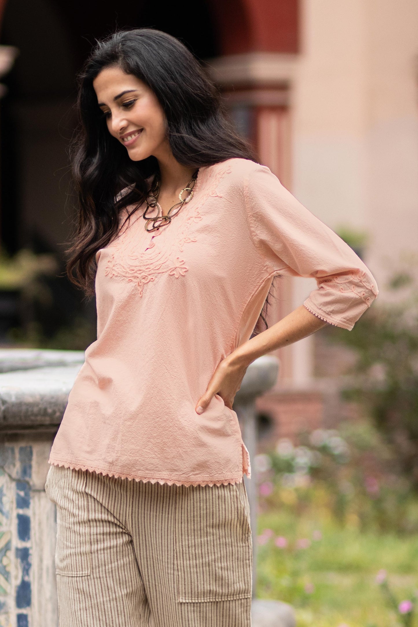 Sunset in Lima Pale Melon Orange Embroidered Cotton Tunic Top from Peru