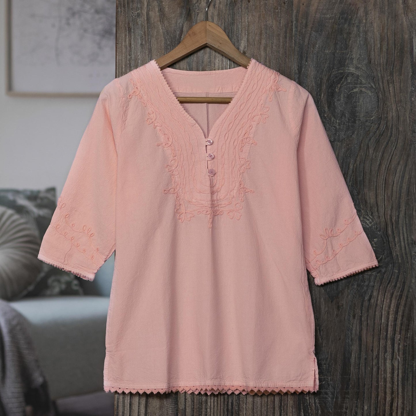 Sunset in Lima Pale Melon Orange Embroidered Cotton Tunic Top from Peru