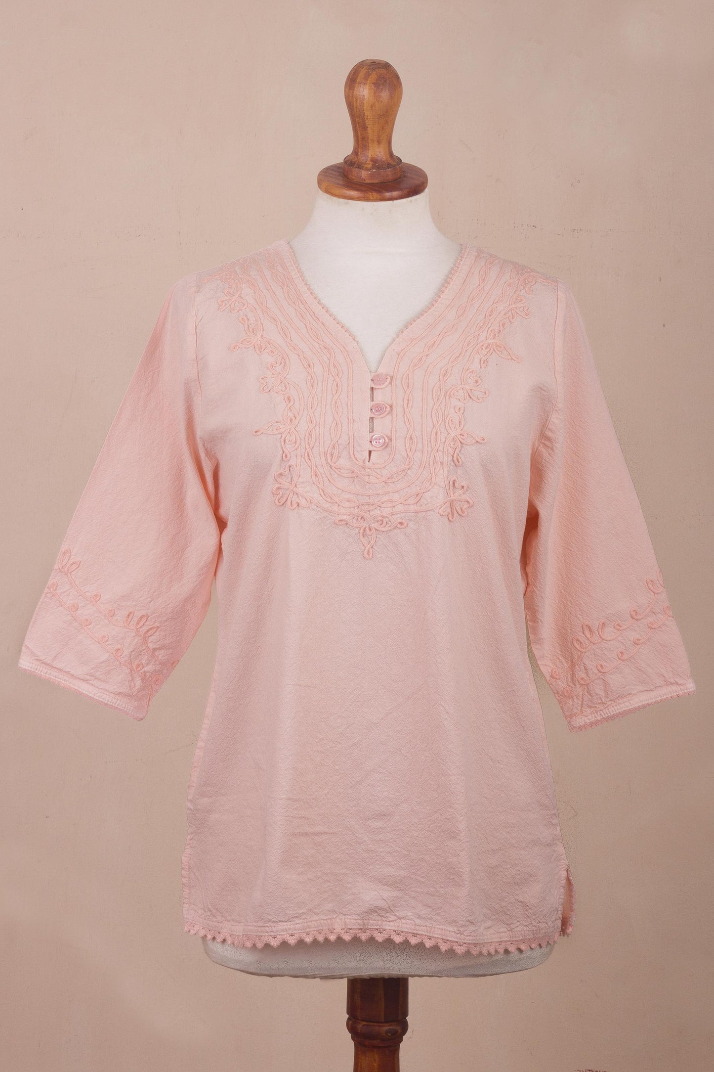 Sunset in Lima Pale Melon Orange Embroidered Cotton Tunic Top from Peru