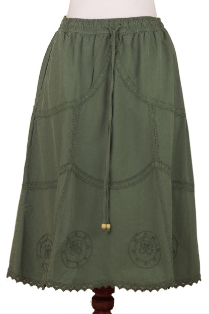 Andean Fields Embroidered Laurel Green Cotton Skirt from Peru