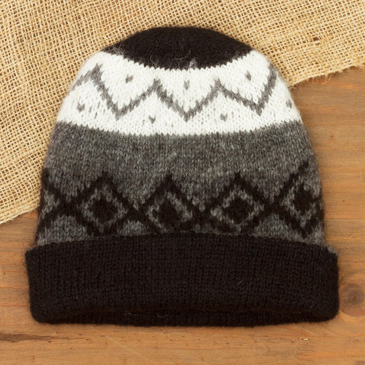 Nordic Nights Knit 100% Alpaca Hat in Black and Grey