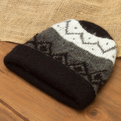 Nordic Nights Knit 100% Alpaca Hat in Black and Grey