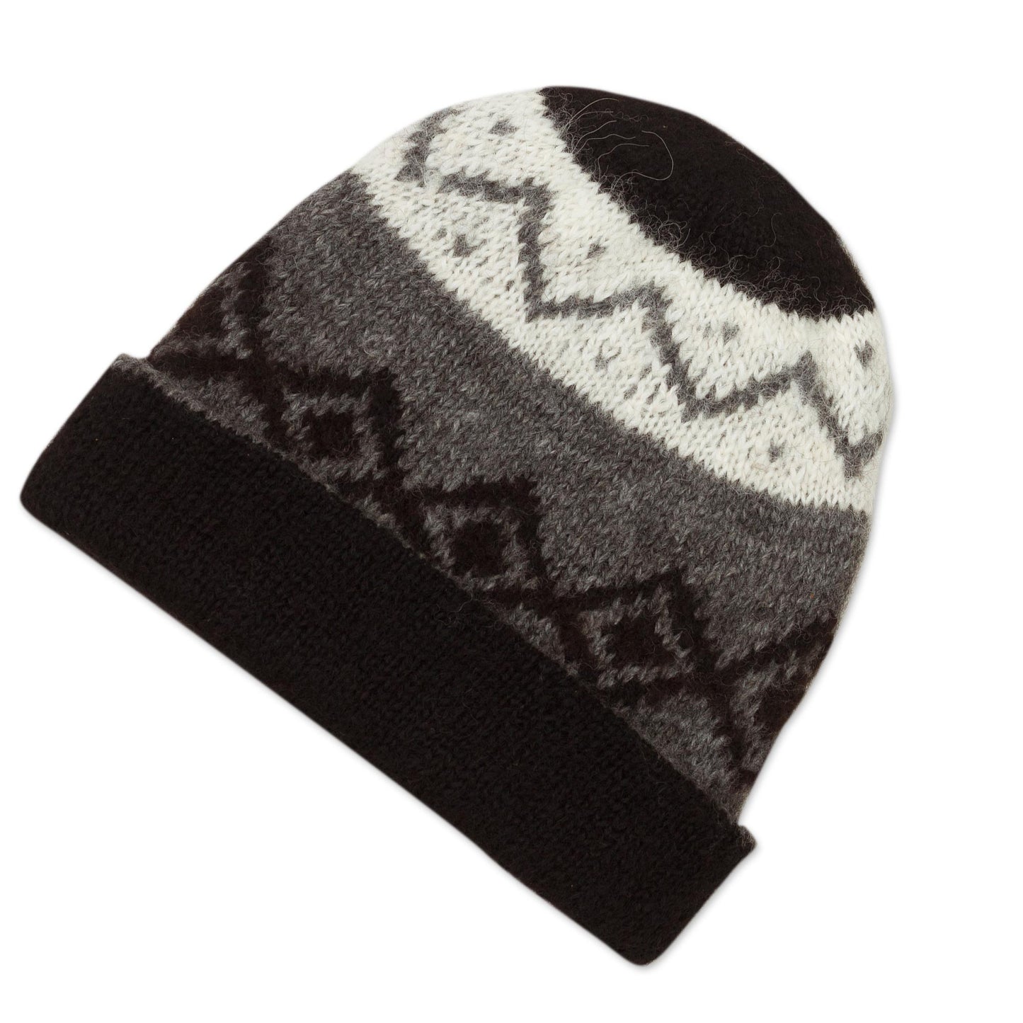 Nordic Nights Knit 100% Alpaca Hat in Black and Grey