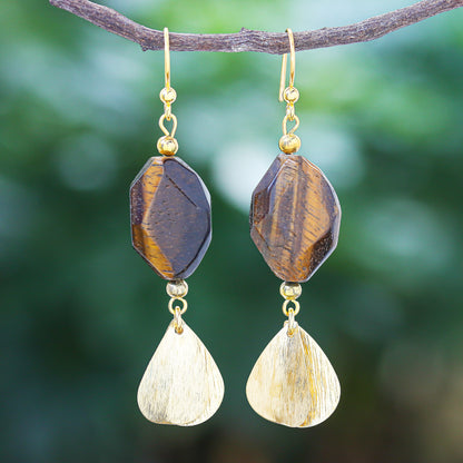 Tiger Stripes Hand Threaded Gold Plated Tiger's Eye Dangle Earrings