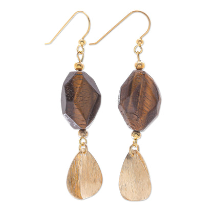 Tiger Stripes Hand Threaded Gold Plated Tiger's Eye Dangle Earrings