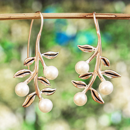 Blooming Dogwood Leaf and Flower Motif Cultured Pearl Drop Earrings