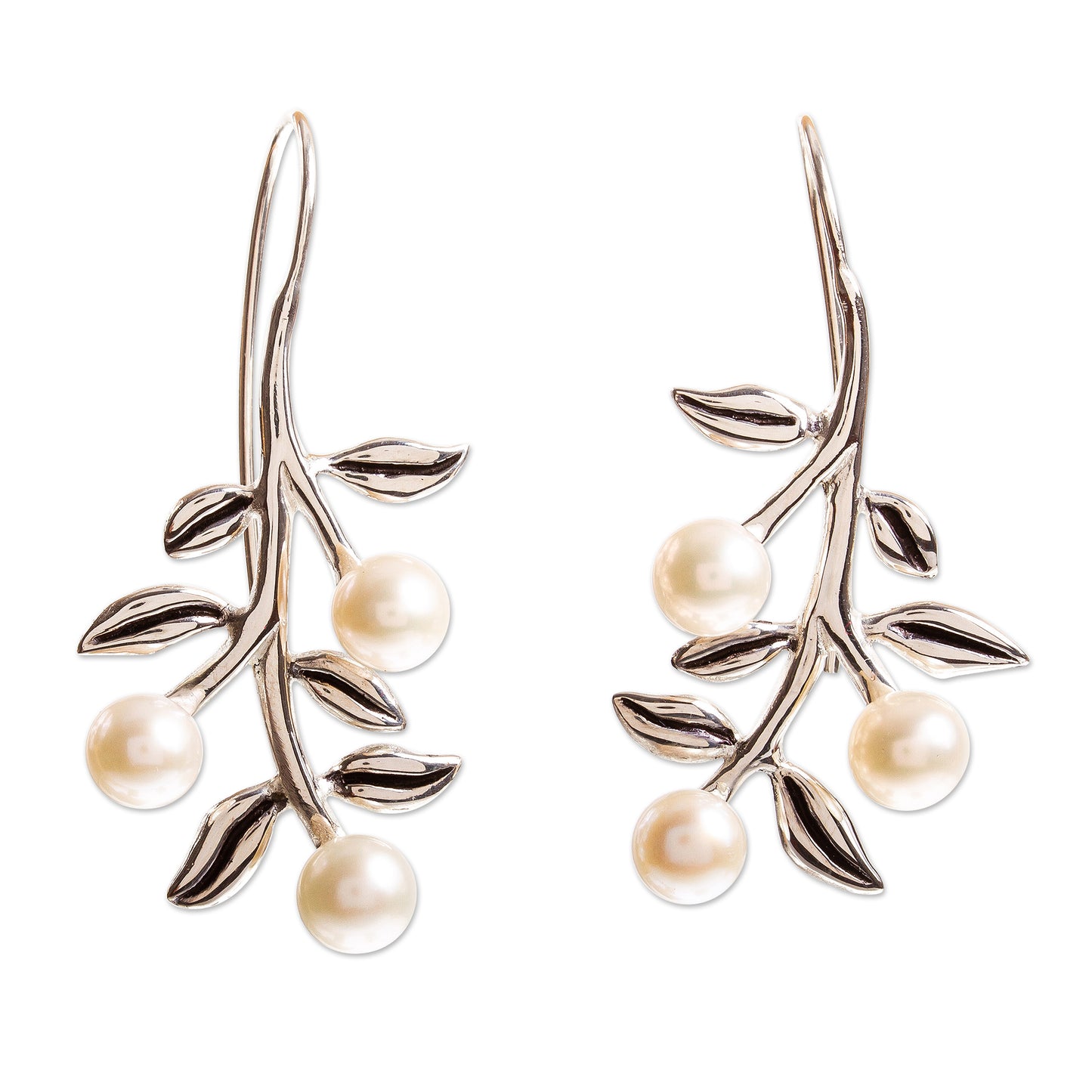 Blooming Dogwood Leaf and Flower Motif Cultured Pearl Drop Earrings