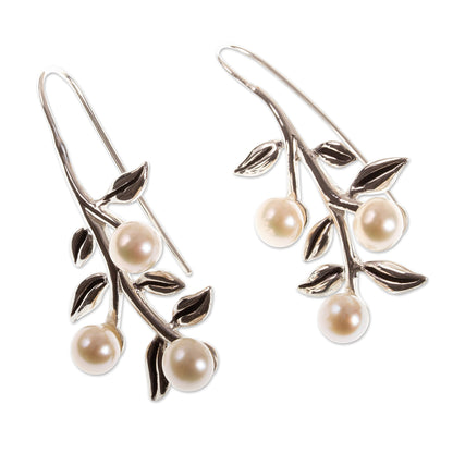 Blooming Dogwood Leaf and Flower Motif Cultured Pearl Drop Earrings