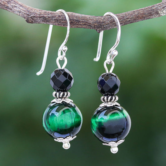 Mystic Green Hand Crafted Tiger's Eye and Onyx Dangle Earrings