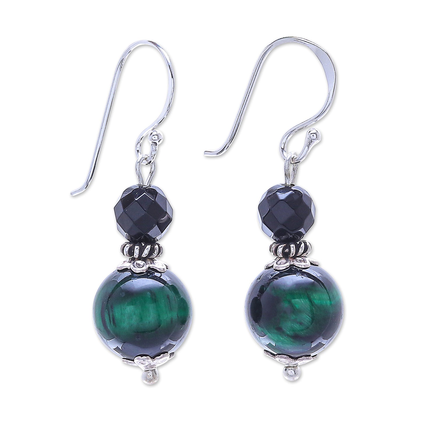 Mystic Green Hand Crafted Tiger's Eye and Onyx Dangle Earrings