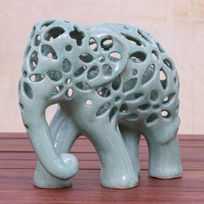 Flowering Elephant Hand Crafted Celadon Ceramic Elephant Sculpture