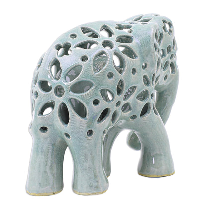 Flowering Elephant Hand Crafted Celadon Ceramic Elephant Sculpture