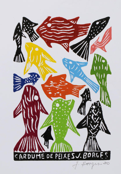 School of Fish Colorful Fish Woodcut Print by J. Borges in Brazil