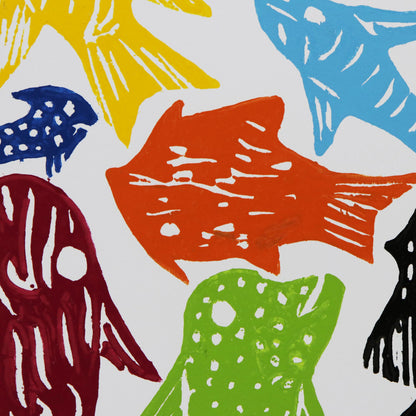 School of Fish Colorful Fish Woodcut Print by J. Borges in Brazil