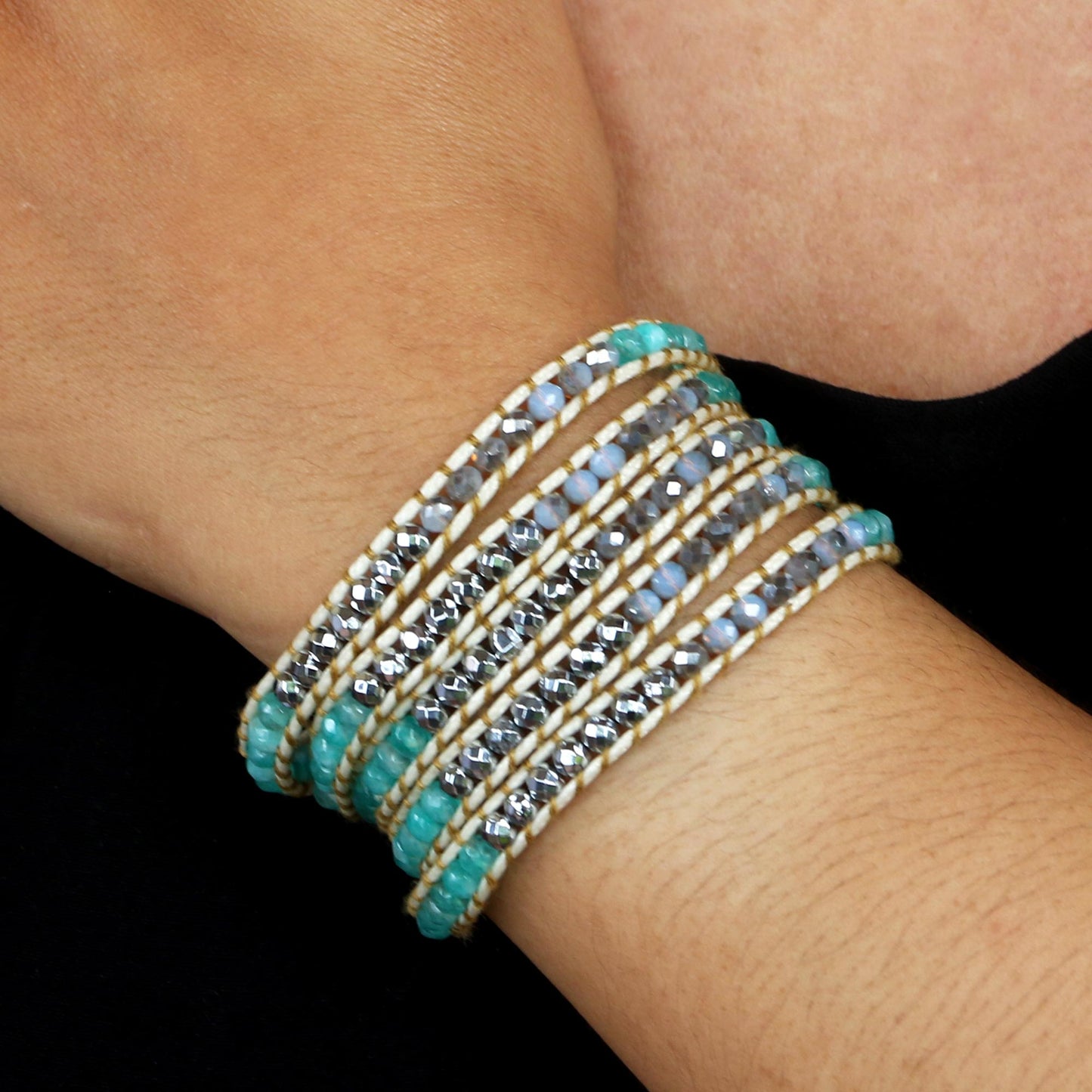 Sea Ice Hand Made Amazonite and Hematite Beaded Wrap Bracelet