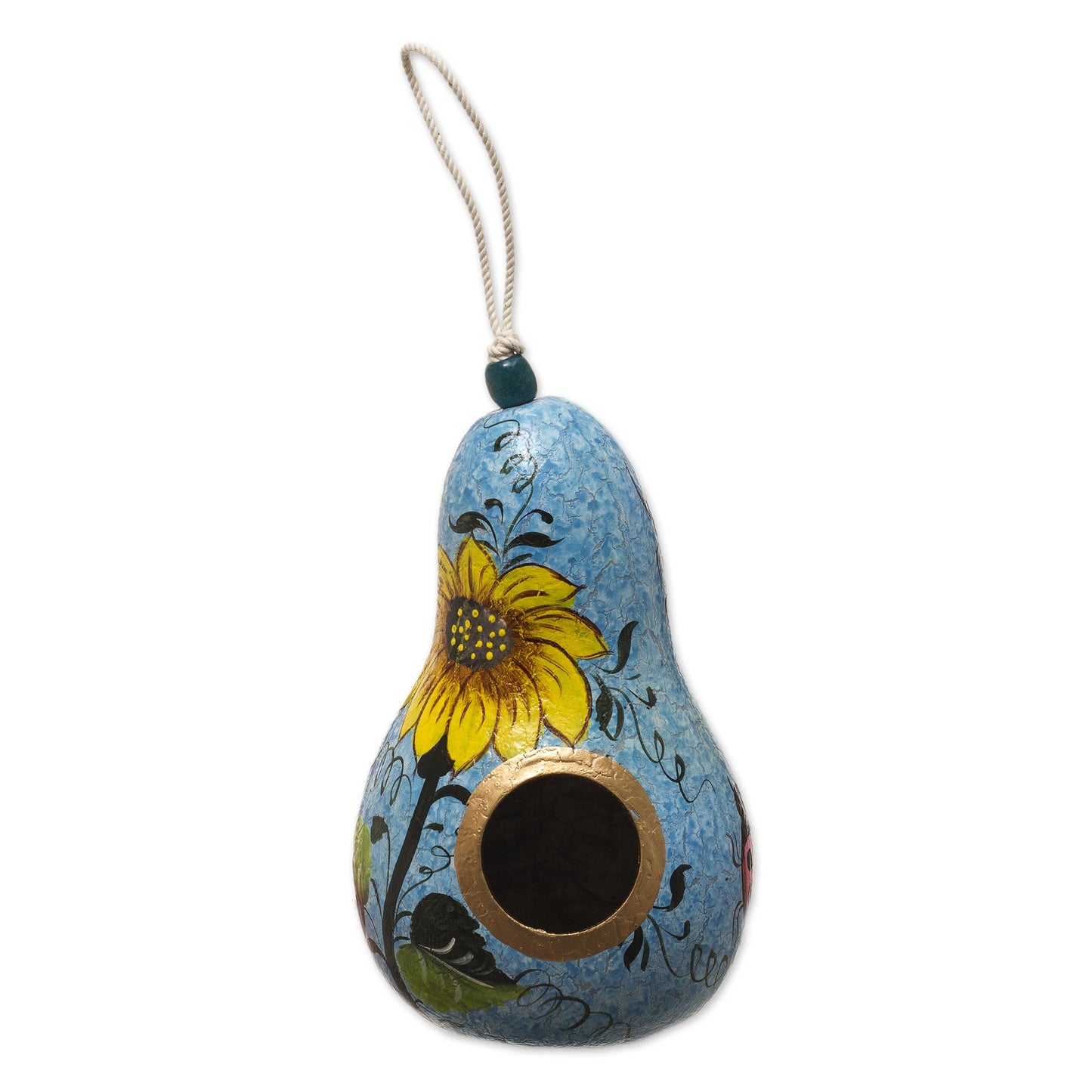 Sunflower and Sky Hand Painted Dried Gourd Birdhouse