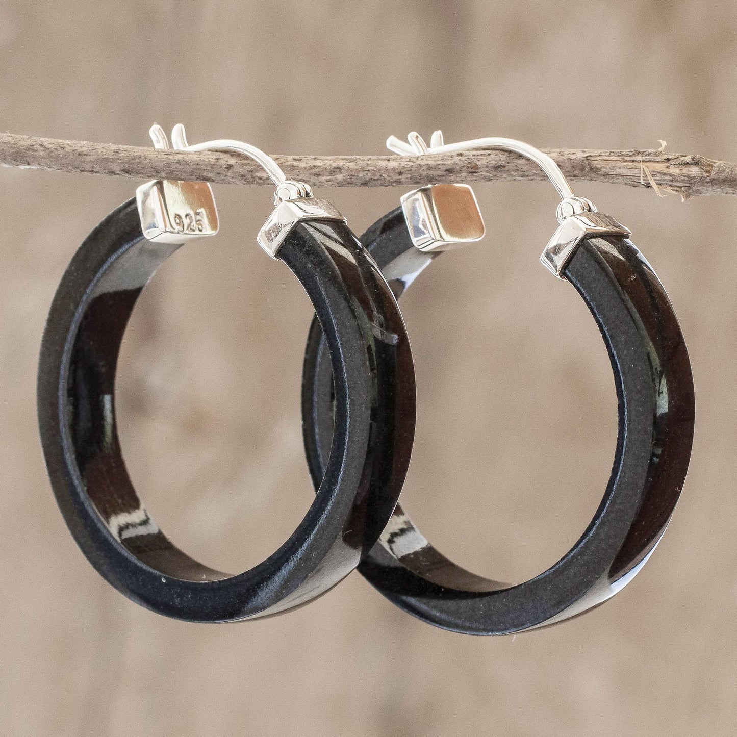 Synchronicity in Black Artisan Black Jade Hoop Earrings