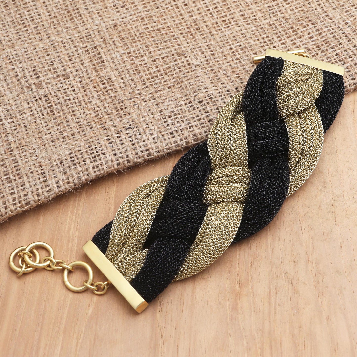 Braided Union Black and Golden Mesh Woven Bracelet