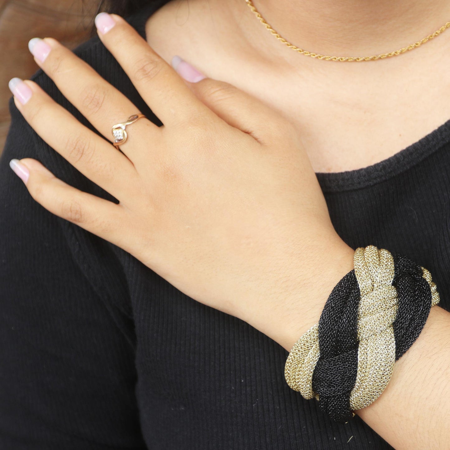 Braided Union Black and Golden Mesh Woven Bracelet