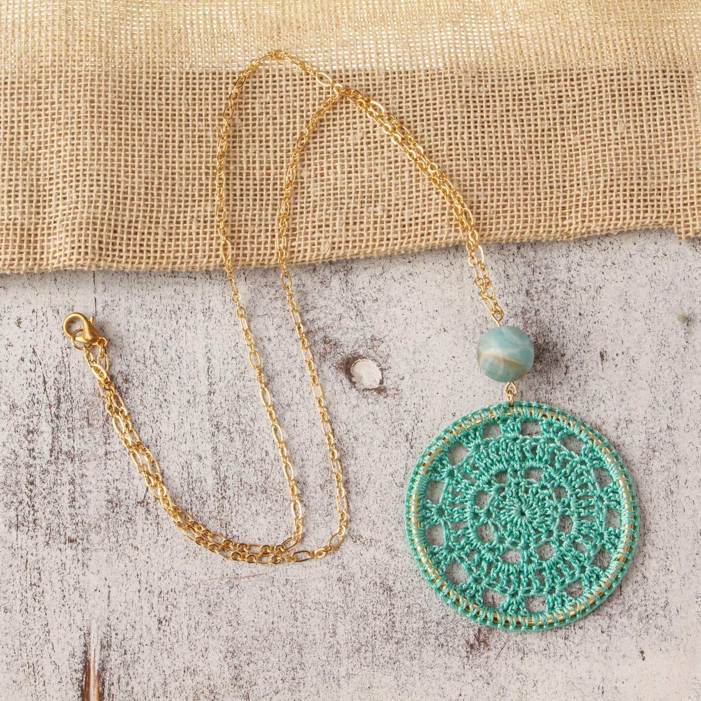 Cyrene Aqua Crocheted Pendant Necklace with Amazonite