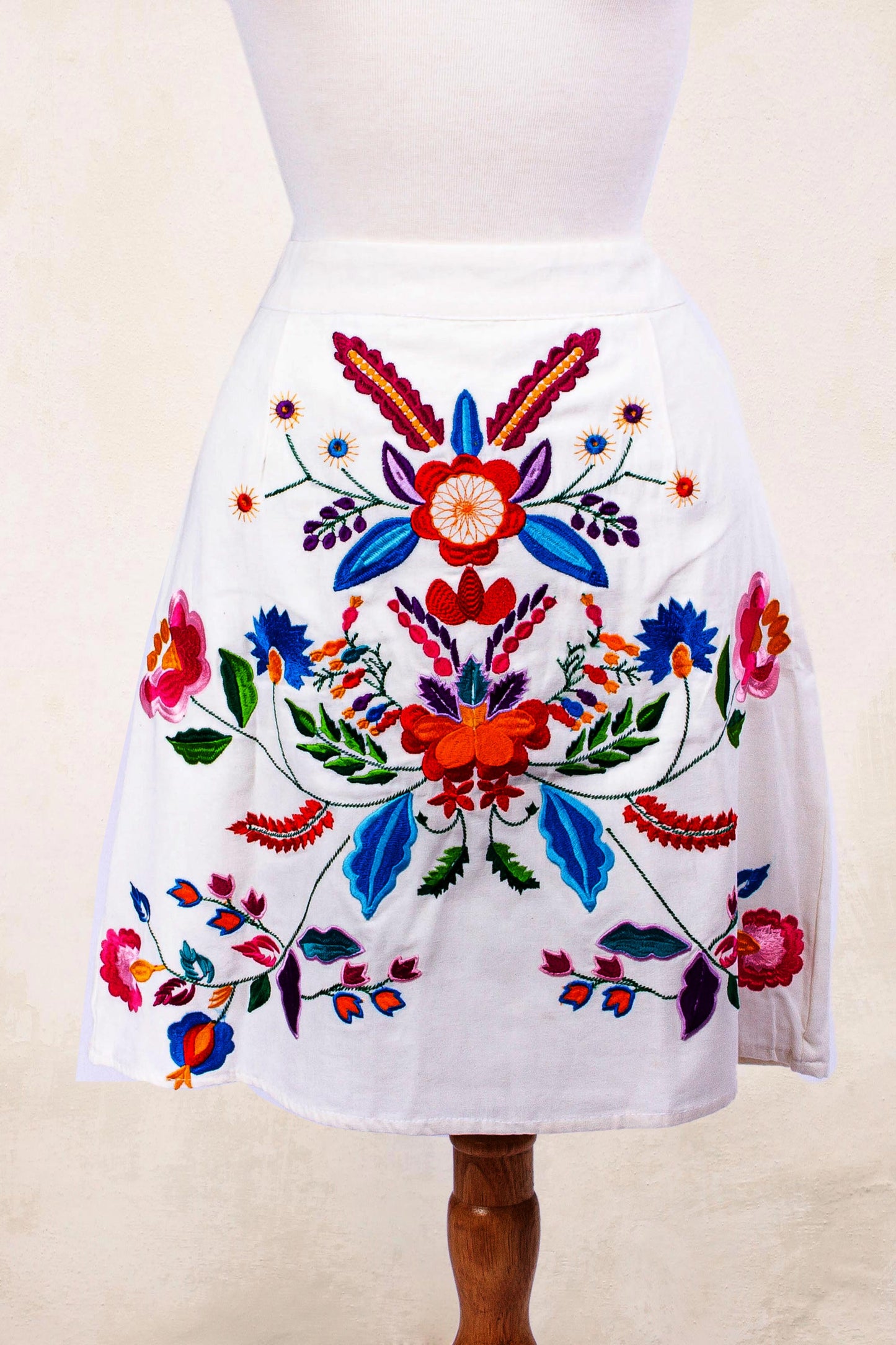 Radiant Bright Bouquet Colorful Hand Embroidered White Cotton A-Line Skirt