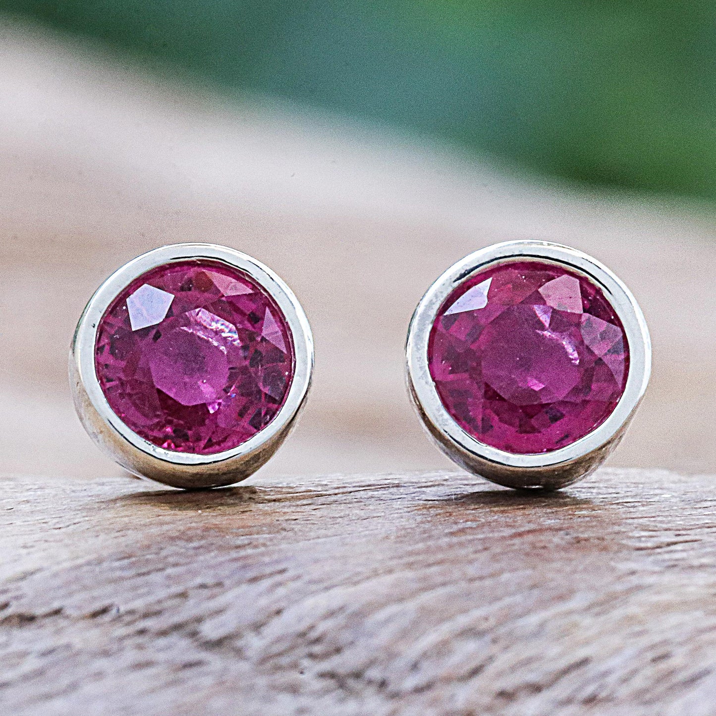 Round Star Thai Ruby and Sterling Silver Stud Earrings