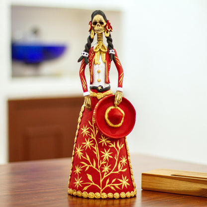 La Catrina Charra Red and Gold Charra Catrina Sculpture