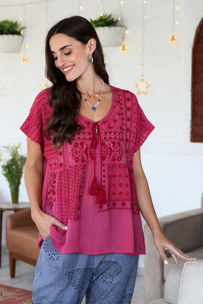 Wine Country Beaded and Embroidered Viscose Blouse