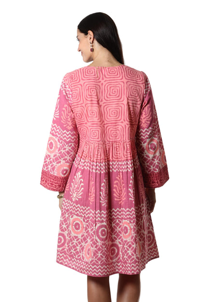 Petal Pink Embroidered Cotton A-Line Dress from India