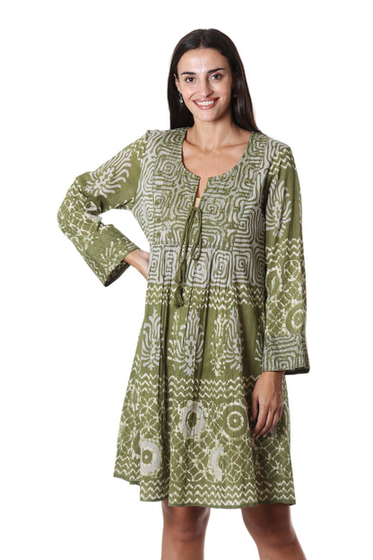 Cool Green Screen Printed Embroidered Cotton Dress