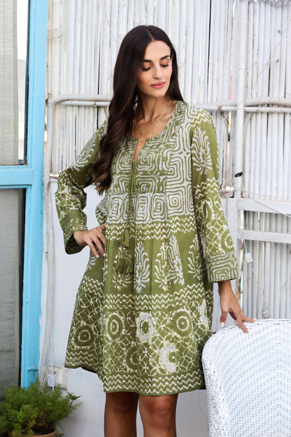 Cool Green Screen Printed Embroidered Cotton Dress