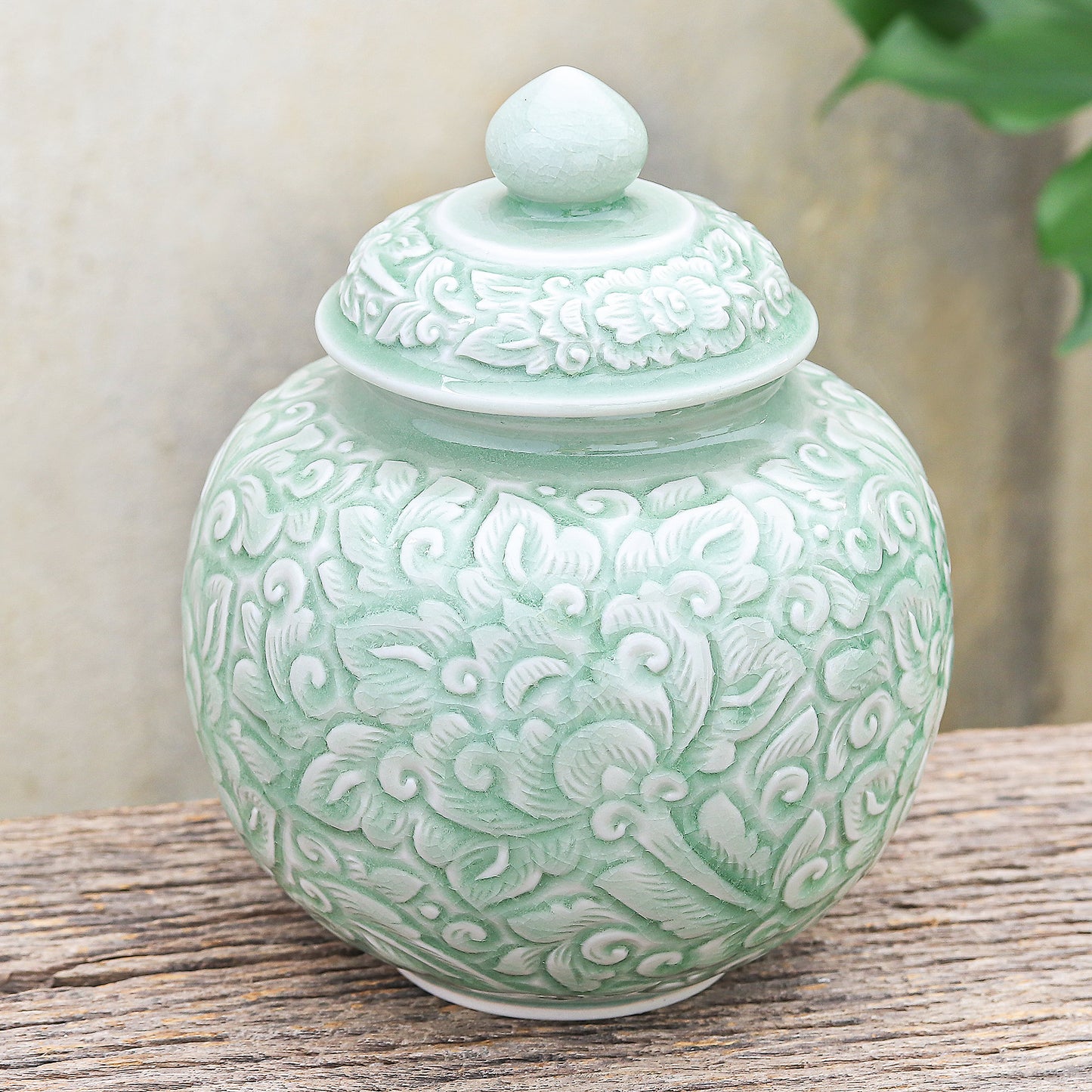 Flower Fairy Hand Crafted Celadon Ceramic Floral-Themed Jar