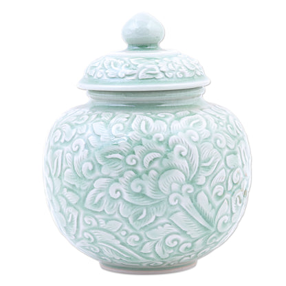 Flower Fairy Hand Crafted Celadon Ceramic Floral-Themed Jar