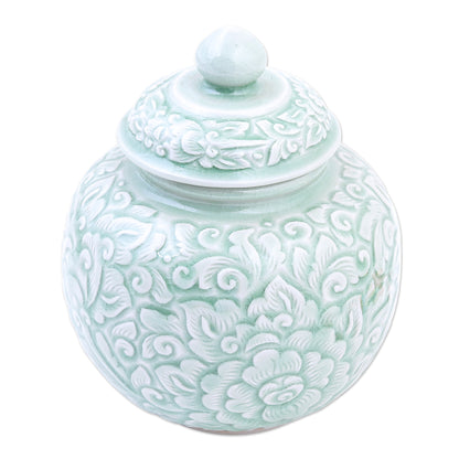 Flower Fairy Hand Crafted Celadon Ceramic Floral-Themed Jar