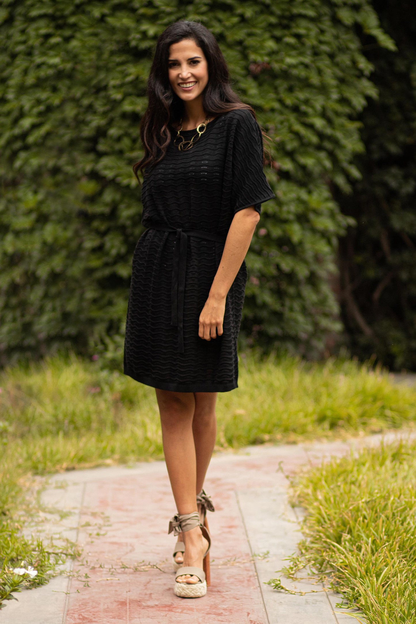 Thalu in Black Cotton Knitted Belted T-Shirt Dress in Black from Peru