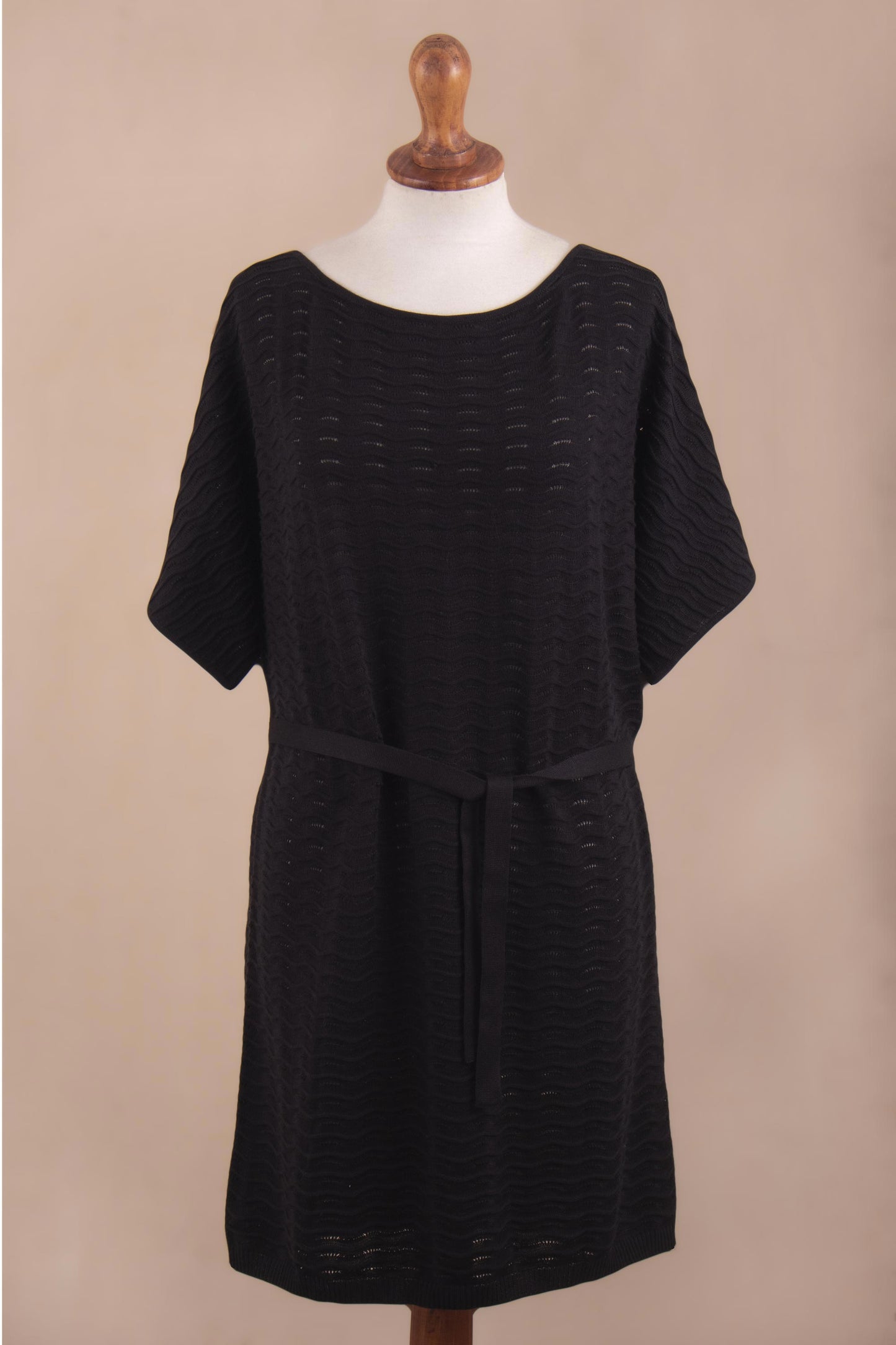 Thalu in Black Cotton Knitted Belted T-Shirt Dress in Black from Peru