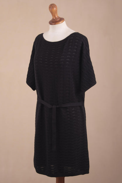 Thalu in Black Cotton Knitted Belted T-Shirt Dress in Black from Peru