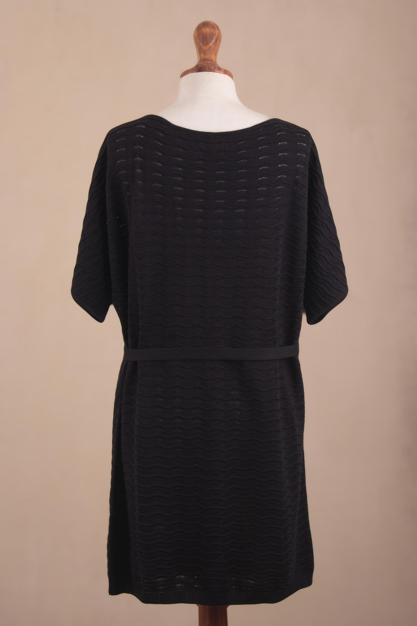 Thalu in Black Cotton Knitted Belted T-Shirt Dress in Black from Peru