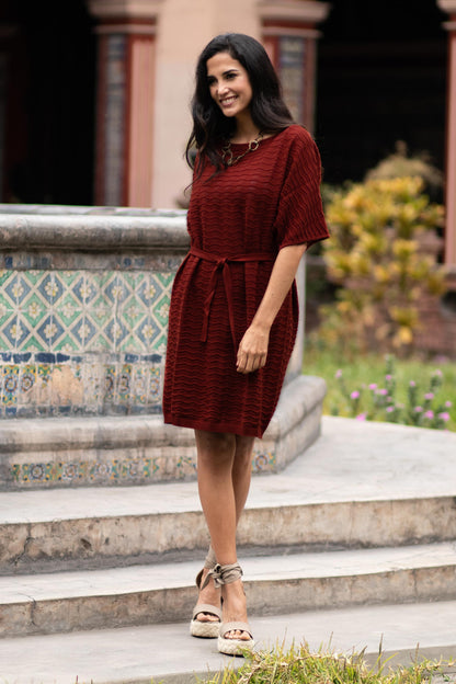 Thalu in Rust Cotton Knitted Belted T-Shirt Dress in Russet Red from Peru